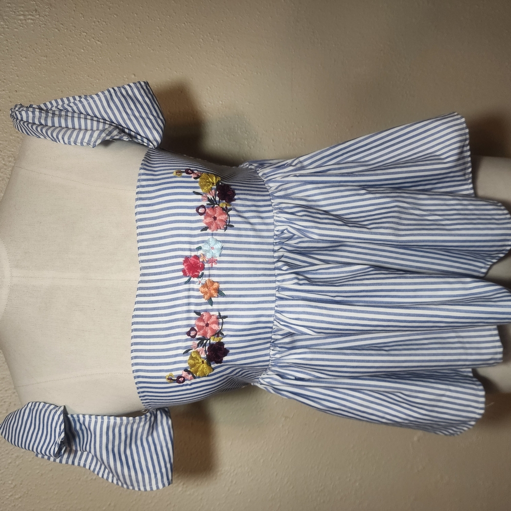 Striped Blue and White Dress with Floral Embroidery